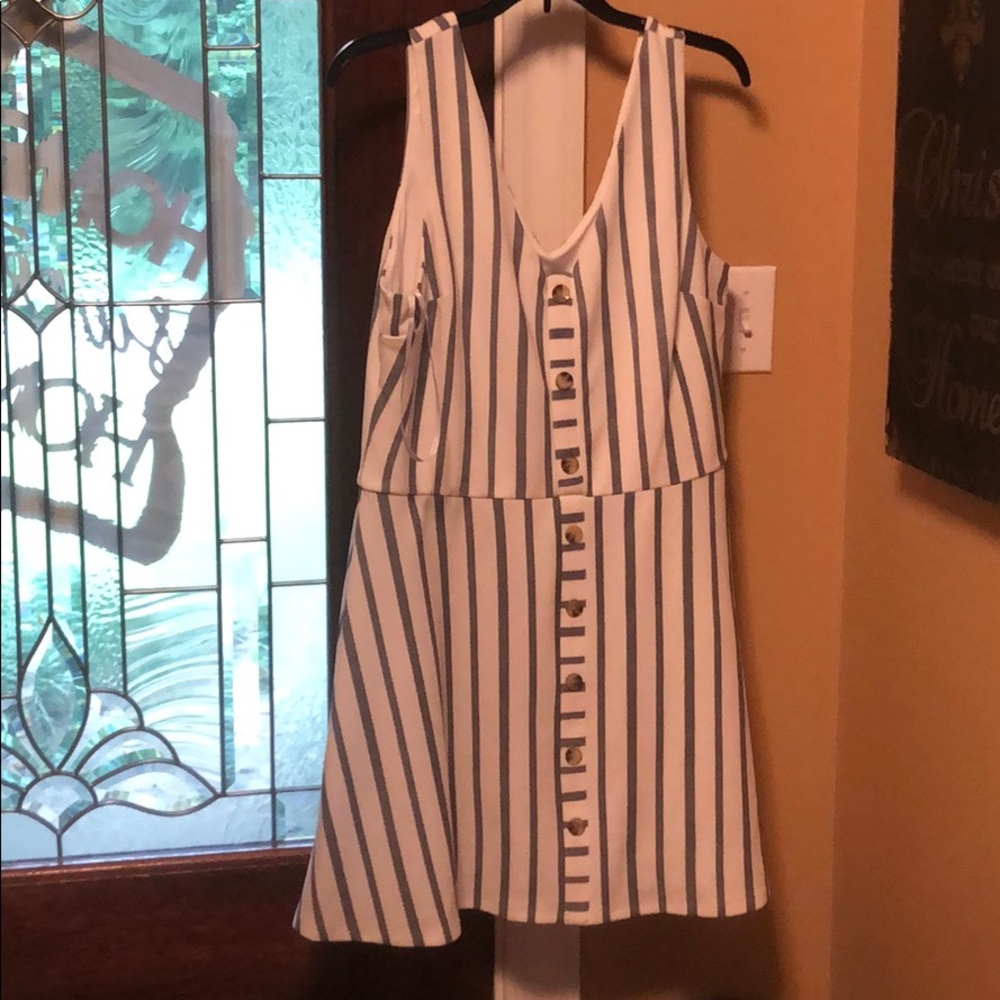 blue and white striped dress w/ buttons